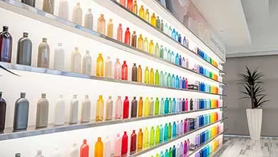 Wall display of plastic bottles arranged by color in a gradient, showcasing color design and material customization.