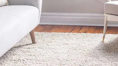 A thick white shag rug lies on a hardwood floor between a light sofa with wooden legs on the left and a white chair with thin gold-tipped legs on the right. White baseboard molding runs along the wall in the background.