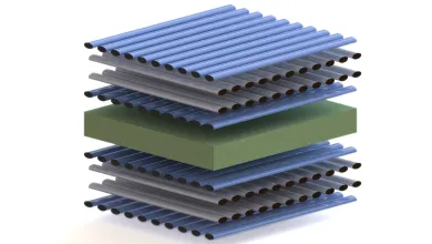 Layered composite panel illustration showing stacked fiber reinforcements and core material.