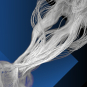 White, thread-like strands swirl over a dark blue and black geometric background.