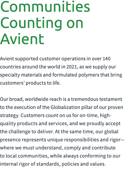 Communities Counting on Avient Avient supported customer operations in over 140 countries around the world in 2021, a...
