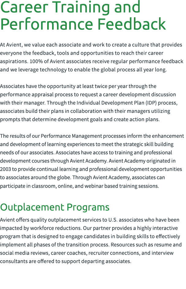 Career Training and Performance Feedback At Avient, we value each associate and work to create a culture that provide...