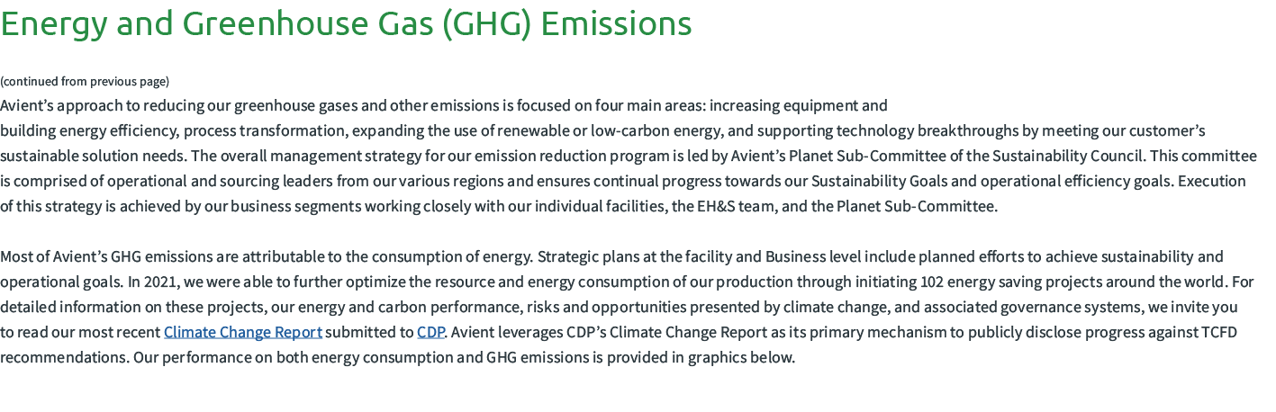 Energy and Greenhouse Gas (GHG) Emissions (continued from previous page) Avient’s approach to reducing our greenhouse...