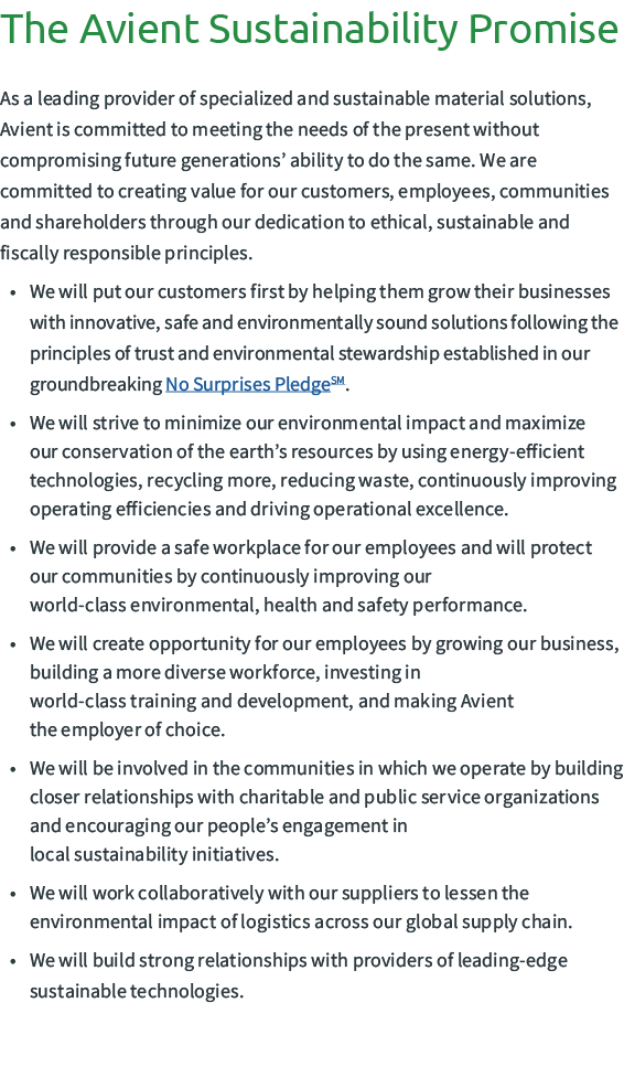 The Avient Sustainability Promise As a leading provider of specialized and sustainable material solutions, Avient is ...