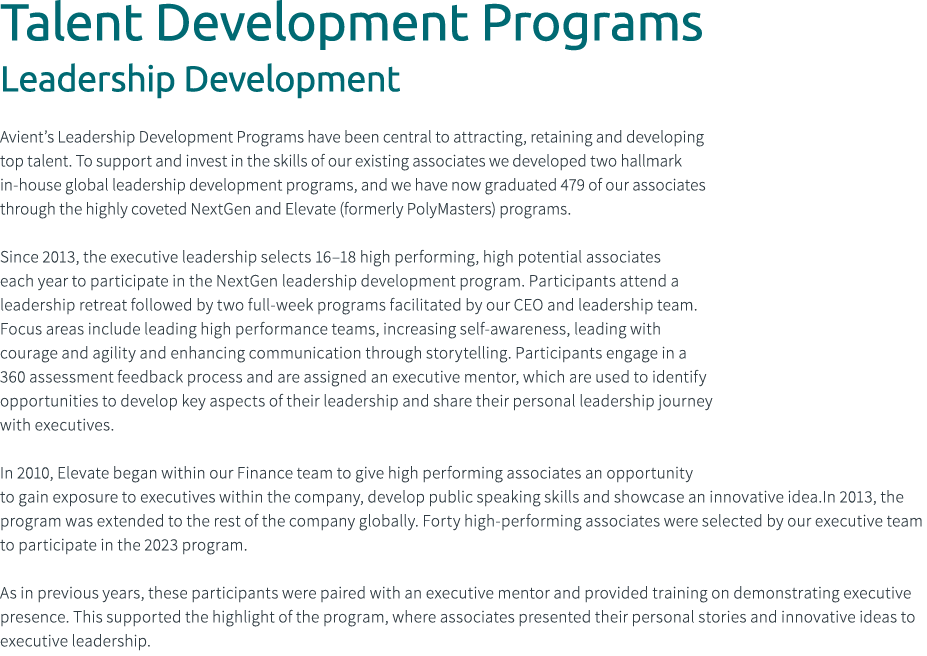 Talent Development Programs Leadership Development Avient’s Leadership Development Programs have been central to attr...